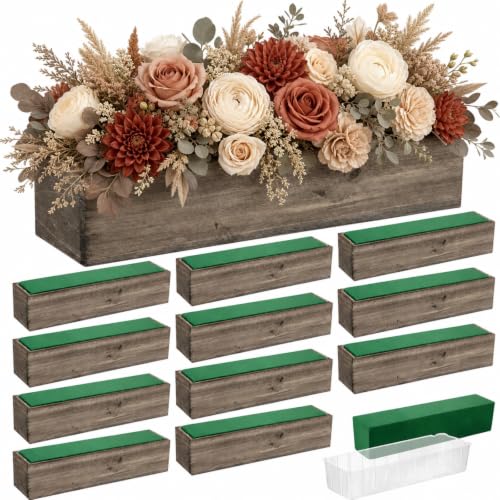 12 Set Wood Boxes for Centerpieces 16x4 Inch Rectangle Wooden Planter Box Rustic Wooden Planters with Removable Plastic Liner Floral Foam Blocks for Christmas Wedding Home Garden Decor (16 x 4 Inch / Brown)