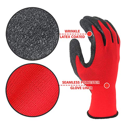 Crinkle Latex Rubber Coated Safety Work Gloves for Men Women (Large / Red-12 Pairs)