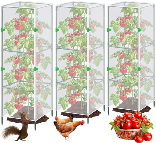 3Pack Garden Bird Netting Plant Cover for Square Tomato Cage (Netting Plant Cover-59"x17.7"-Transparent)