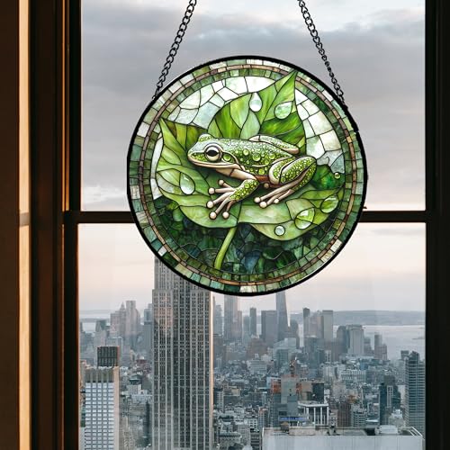 Green Frog Lily Pond Stained Glass Window Hanging Suncatcher Gifts 9.8" (Green / 9.8x9.8 IN)