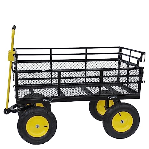 Large Steel Multifunctional Garden cart with Four Detachable Double Side Plates (Big Double Baffle Black+yellow)