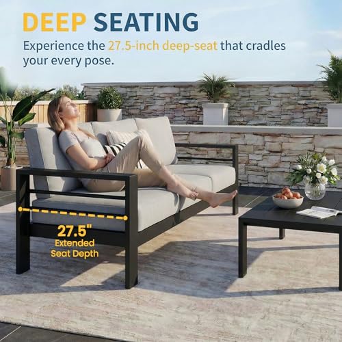 Aluminum Patio Furniture Set for All Weather (Black and Light Gray / 2 Armchair+Loveseat+3-Seat Sofa+Wood Top Table)