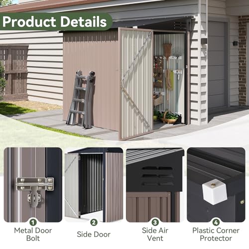 6' x 4' Lean to Shed Outdoor Steel Garden Utility Cabinet with Lockable Door Waterproof & Rust (Brown / 4' x 6')