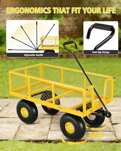 Heavy Duty Steel Garden Cart 500 LBS Capacity 3 in 1 Pullable Garden Wagon with 10 in Wheels for Gardening Soil (Yellow / 500 lbs)
