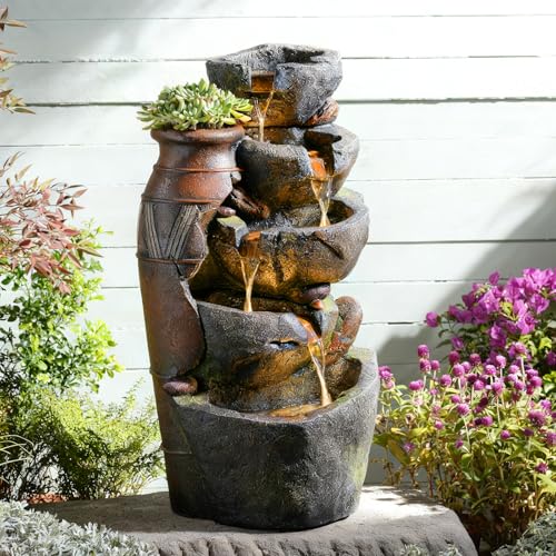 5 Tiered Rock Water Fountain Outdoor Cascading Waterfall Fountain (31.7’’H / Jar & Stacked Stone-31.7’’h)