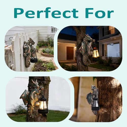 Dragon Tree Hugger with Solar Lantern Garden Statue (Bronze)