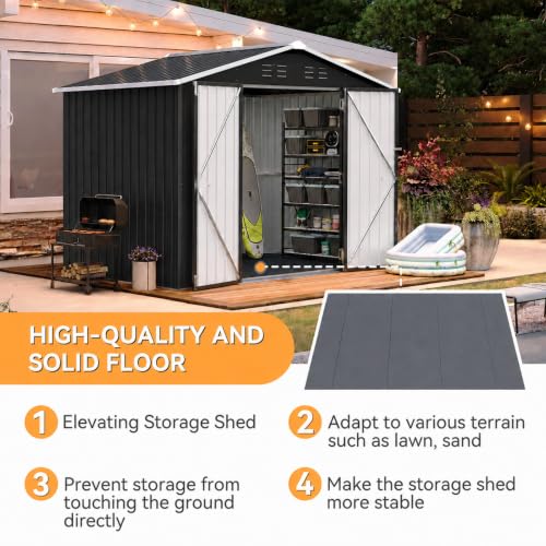 7'x6' Shed with Floor Galvanized Steel Outdoor Storage Shed Black (Black / 8'x6'w)
