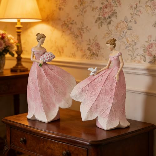 Pink Leaf Angel Girls Fairy Statue Collection Home Decoration (Pink-flower / Large)