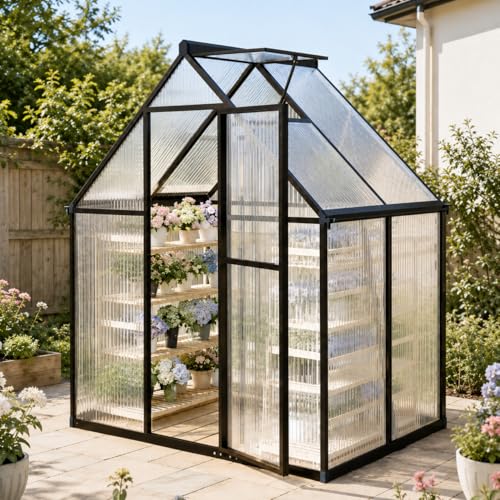 6x4FT Outdoor Polycarbonate Greenhouse with Roof Vent (Dark Gray / 6×4FT)