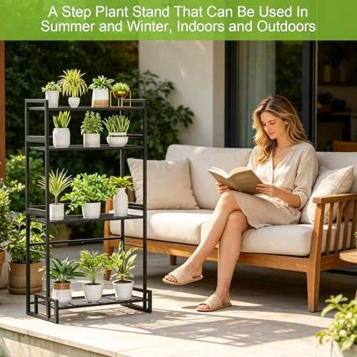 Plant Stand 4 Tier Widened Stackable Tiered Plant Stand (Black 9.84"W)