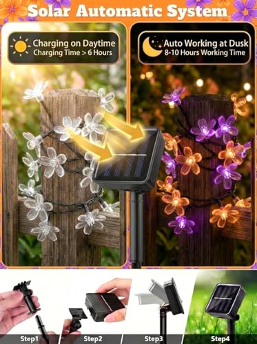 Solar Flower String Lights Outdoor Waterproof 50 LED Fairy Lights (Purple & Orange / 1 Pack)
