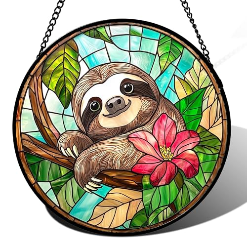 Stained Glass Window Hanging Sloth Flower Suncatcher Gifts for Women 6.3" (Green and Brown / 6.3x6.3 IN)