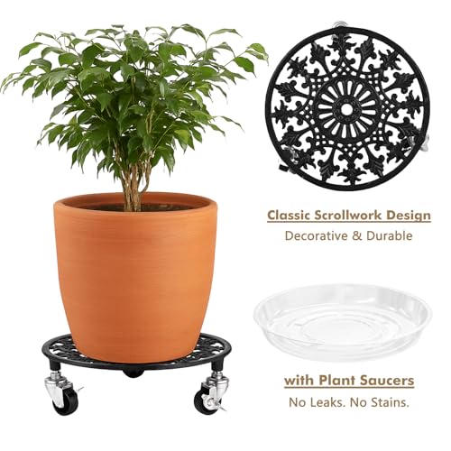 3 Pack Plant Caddy with Wheels 11 Inch Rolling Plant Stand for Large Plants Heavy Duty Plant Rollers Metal Plant Dolly Rustproof Planter Stand Wrought Iron Plant Stands Flower Cart Indoor Outdoor (11 inches)