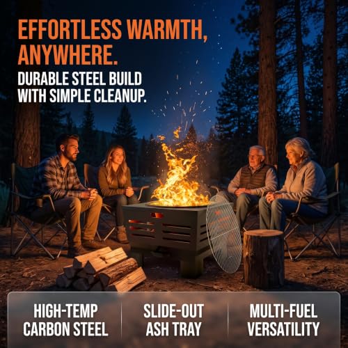 Smokeless Wood Fire Pit with BBQ Grill for Camping & Backyard (Country Rustic)