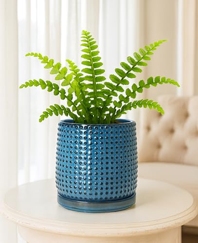 Beaded Ceramic Pot with Saucer (5.8 Inch / Ocean Teal)