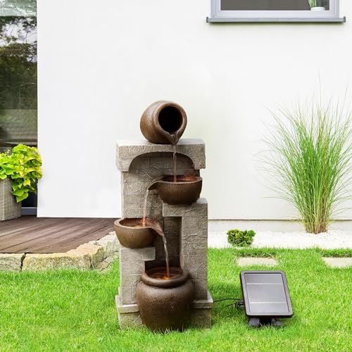 28 in. Cascading Bowls and Stacked Stones LED Outdoor Water Fountain for Outdoor Living Spaces to Create a Calming Oasis in Gardens and Landscaping (Brown / 28")