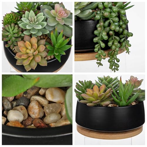 Artificial Succulent Plants in Pot 5.5 Inch Fake Succulents Arrangement Potted Plant in Black Ceramic Planter Bowl with Wood Saucer for Home Office Desk Shelf Living Room Bedroom Bathroom Decor (Black Ceramic With Saucer#style 2)