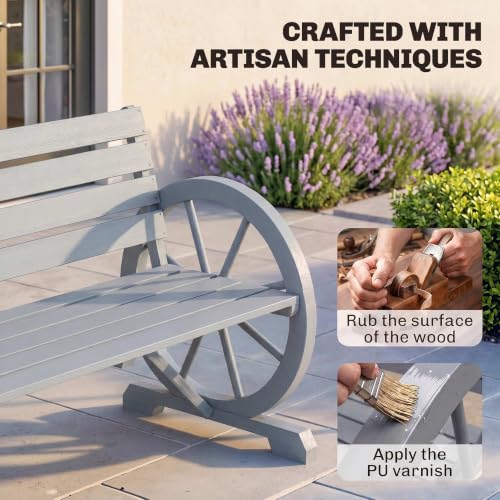 41" Wooden Outdoor Bench Rustic Wagon Wheel Light Gray