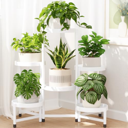 Plant Stand Indoor Outdoor with Large 10 Inch Plastic Tray (Matte White with Large Tray / 6 Tier)