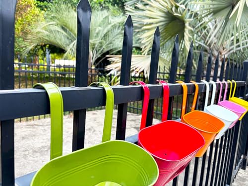 6 Pack 12" Colorful Metal Railing Planters with Hooks for Outdoor Fence (Oval - 11.8 Inch)