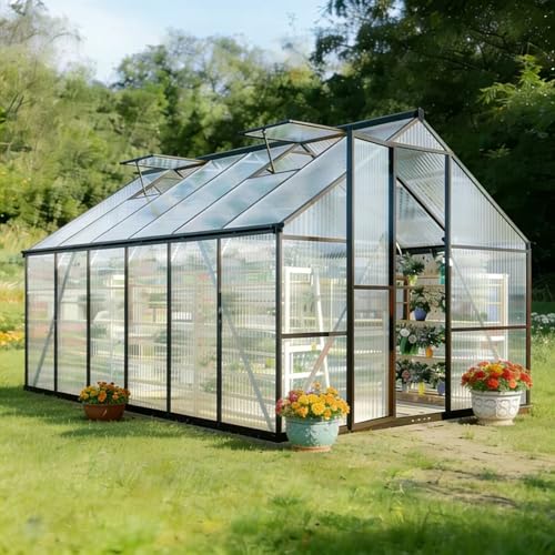 8x12 FT Outdoor Greenhouse with Roof Vent (Charcoal Black / 8×12FT)