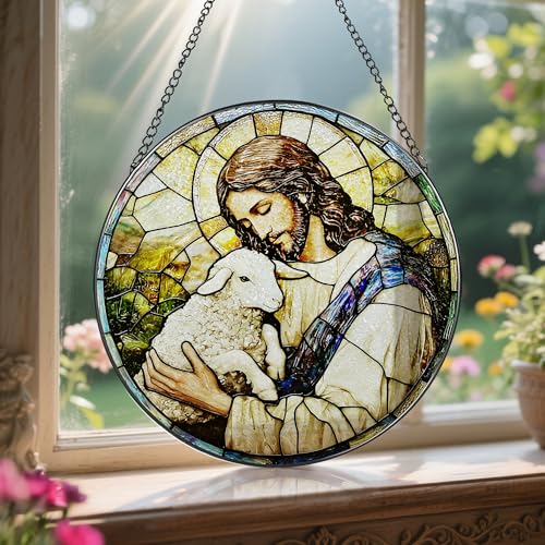 8 Inches Jesus Holding Lamb Painted Stained Glass Suncatcher (Jesus-e)