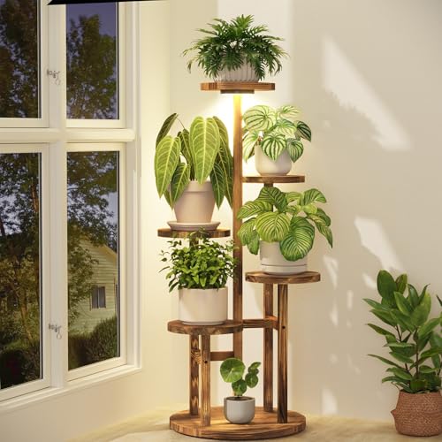 5 Tier Wood Plant Stand Indoor Corner with Grow Light (Pine Brown with Light / 5 Tiers)