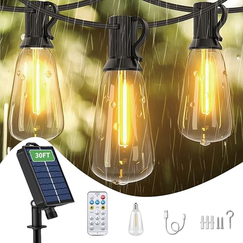 30FT Solar String Lights Outdoor Waterproof with Remote and 15+1 Shatterproof Bulbs (30FT(15 Sockets))