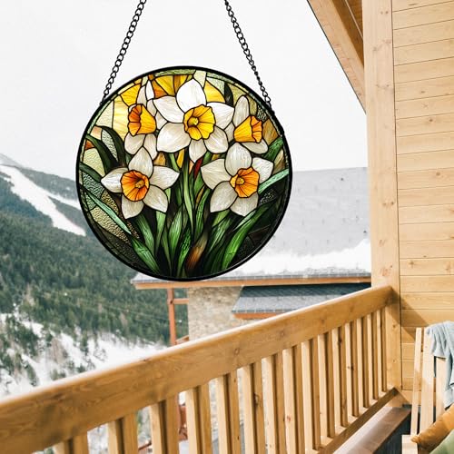 Stained Glass Window Hanging Daffodil Suncatcher Gifts for Women 6.3"