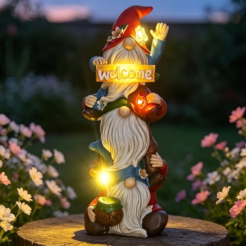 Garden Triple Stacked Gnome Statue with Solar Light Outdoor Decor (Solar Gnome)