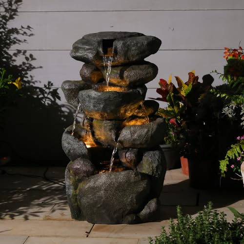 The 4 Tiered Water Fountain Outdoor&Indoor Fountain with Lights (Gray28.35inch)