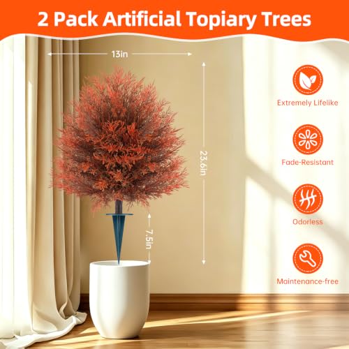 Fall 2 Pack 24 Inch Cedar Topiary Trees with Ground Spikes (Fall Cedar)