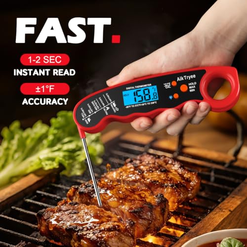 Digital Instant Read Meat Thermometer Kitchen Cooking Food Candy Thermometer for Oil Deep Fry BBQ Grill Smoker Thermometer by AikTryee (Red-SR807)
