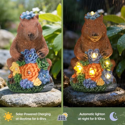 Solar Capybara Garden Statue with Flower LED Lights (Multicolor - Capybara)