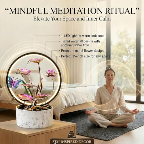 15 Inch H Tabletop Zen Water Fountain with LED Light (Pink Butterfly)