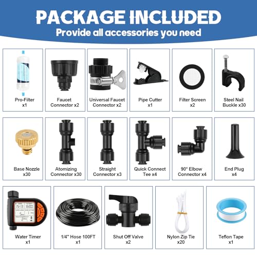 100FT Misting Cooling System with Timer and 30 Brass Mist Nozzles (100FT with Water Timer)