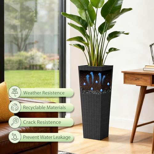 32 Inch Tall Plastic Planters with Rattan Texture (32" without Tray / Black)
