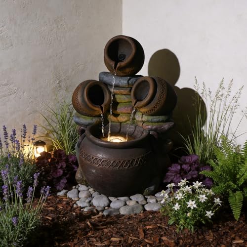 22" Tall Water Fountain Outdoor Cascading Bowls and Stacked Stones 3 Tiers Waterfalls Natural Water Feature with LED Lights for Garden (Brown-2)