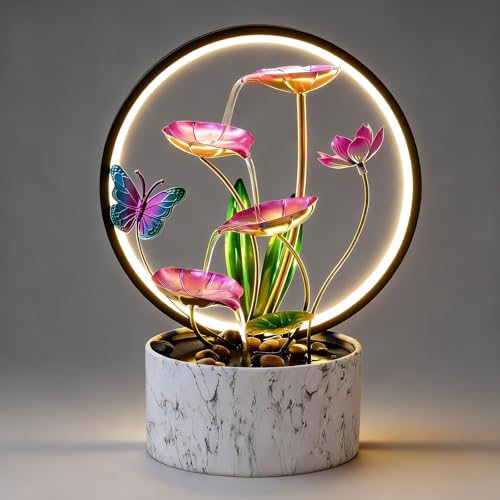 15 Inch H Tabletop Zen Water Fountain with LED Light (Pink Butterfly)