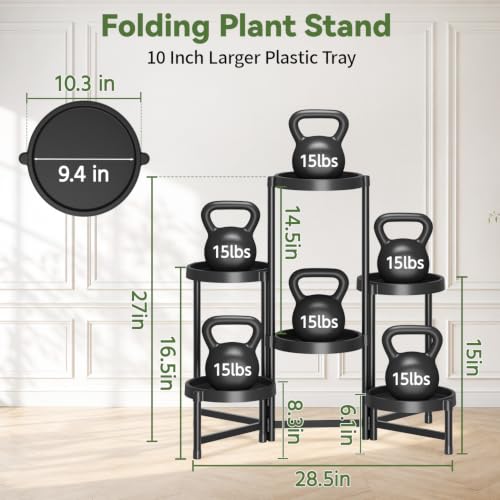 Plant Stand Indoor Outdoor with Large 10 Inch Plastic Tray (Standard Black with Large Tray / 6 Tier)