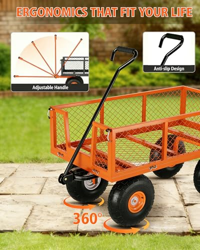 Heavy Duty Steel Garden Cart 500 LBS Capacity 3 in 1 Pullable Garden Wagon with 10 in Wheels for Gardening Soil (Orange / 500 lbs)