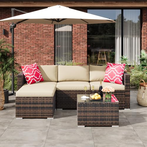 5-Piece All-Weather Patio Furniture Set, Convertible Outdoor Sectional Sofa with Ottoman & Tempered Glass Table, PE Rattan Conversation Set for Garden, Backyard, Porch, Poolside (Brown/Khaki / 5 Pieces)