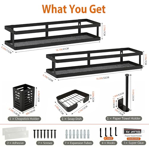 5-in-1 16.5" Extra Long Kitchen Organizer & Shower Caddy Set, Wall Mount Spice Rack with Paper Towel Holder, Utensil Holder & Soap Dish, Rustproof Mesh - Matte Black, Guardrail (Matte Black / 5-in-1 Minimalist (16.5" Extra Long))
