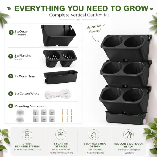 3 Set 6 Pocket Vertical Stackable Wall Planters Kit Outdoor Self Watering Plastic Planter Grow Hang Mount System for Strawberry Flower Vegetable Home Fence Balcony Wall Decor (Black)
