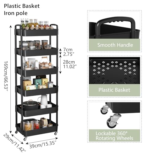6 Tier Plastic Rolling Utility Cart with Wheels for Storage