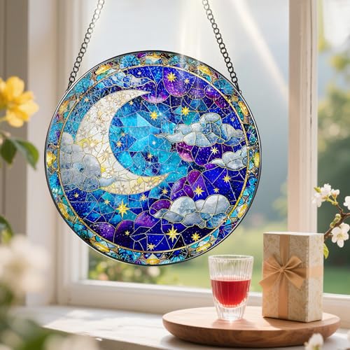 8 Inch Moon and Star Stained Glass Ornament (Night Sky)