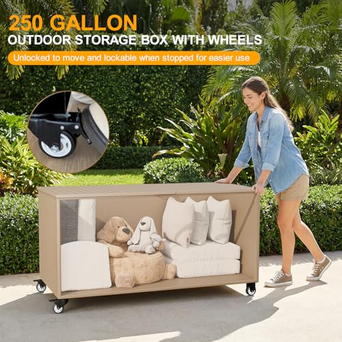 250 Gallon Metal Large Outdoor Deck Box with 4 Wheels (250 Gallon / Brown)