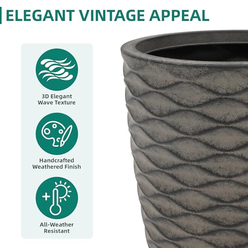 2 Pack 19" Rustic Black Resin Tall Planters with Wave Texture (19"h-rustic Black Wavy)