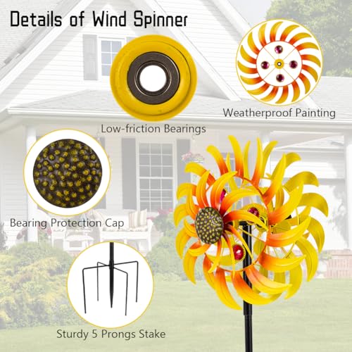 13Inch Metal Sunflower Wind Spinner Outdoor Decor with Stake (Yellow2)