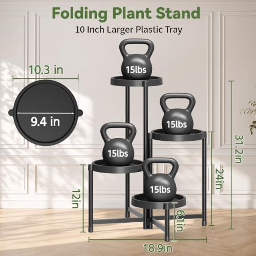 Plant Stand Indoor Outdoor with Large 10 Inch Plastic Tray (Solid Black with Large Tray / 4 Tier)